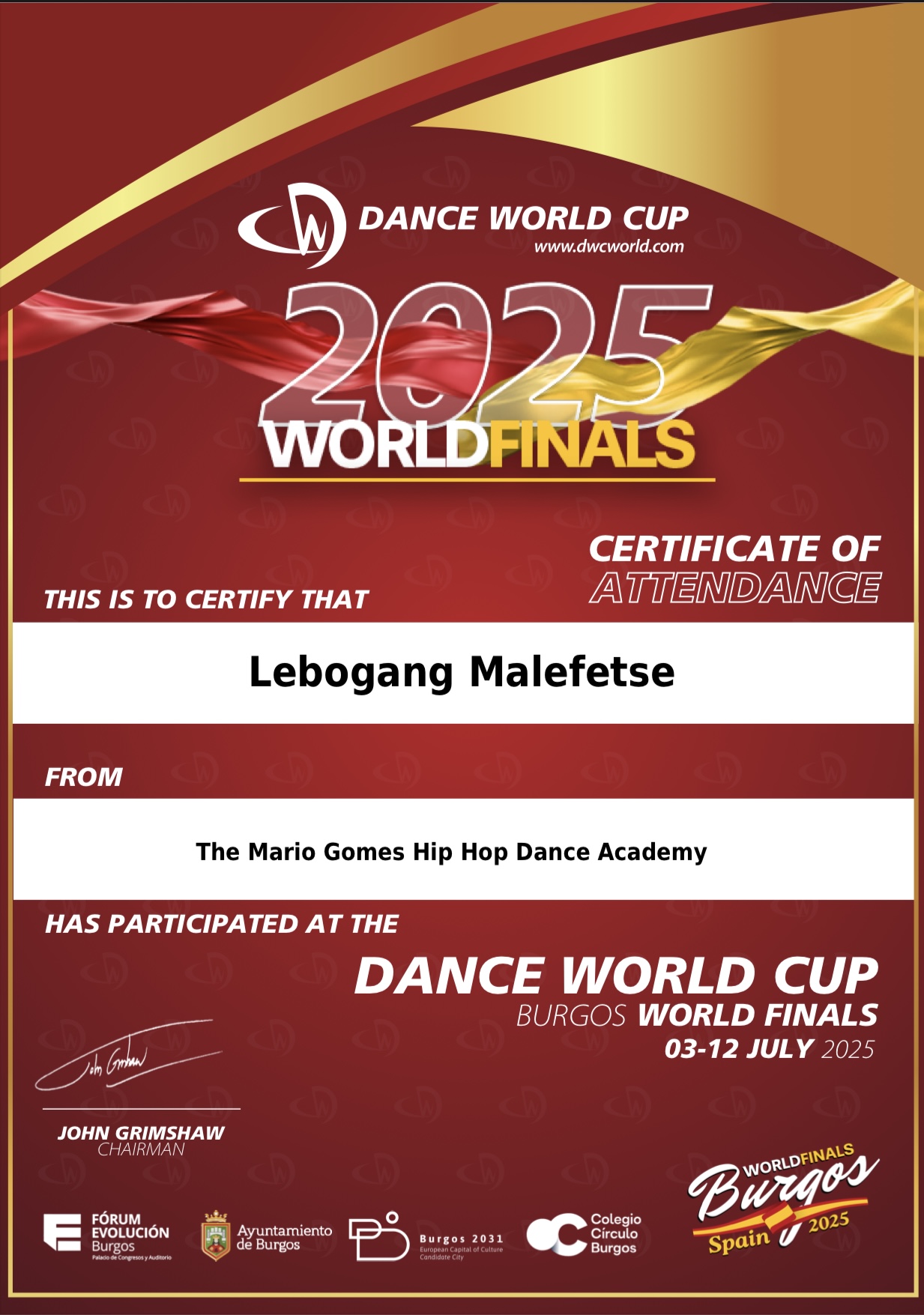 Certificate of Attendance - Dance World Cup 2025
